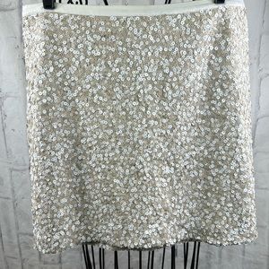 Tommy Hilfiger Sequin Mini Skirt Pencil Tan & White Ribbon Waist Back Zip